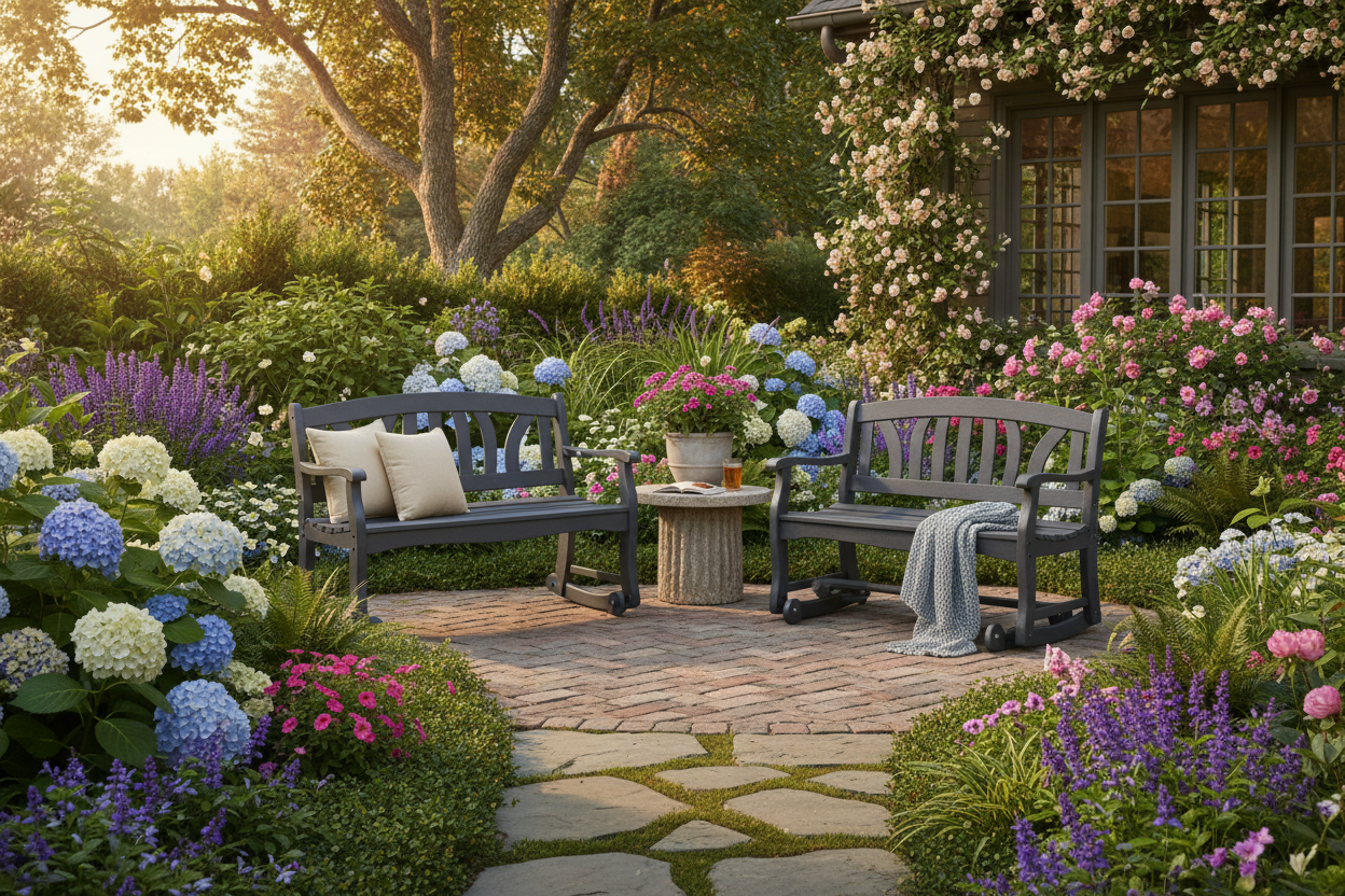 Outdoor poly HDPE garden bench and glider surrounded by flowers and greenery