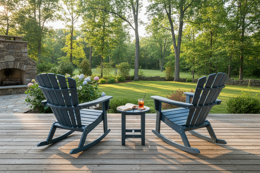 Outdoor poly HDPE fanback chair and rocker on a sunny wooden porch
