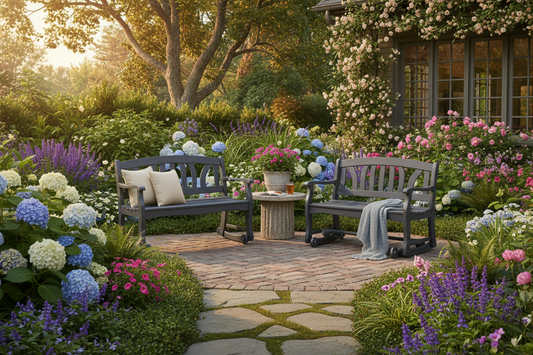 Outdoor poly HDPE garden bench and glider surrounded by flowers and greenery