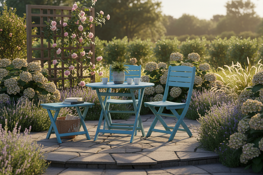 Outdoor poly HDPE bistro table and chairs on a stone patio