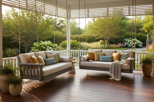 Outdoor poly HDPE porch swing and hanging daybed on a covered porch at golden hour